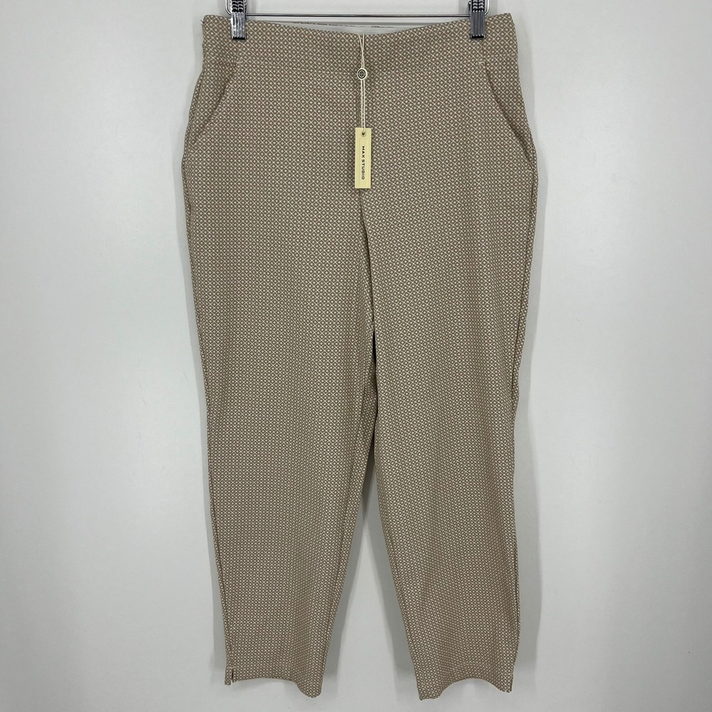Max Studio Womens Taupe White Geometric Diamond Print Ankle Pants Size L New NWT